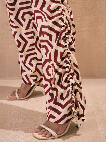Maroon Geometric Shirt With Ruched Hem Pants