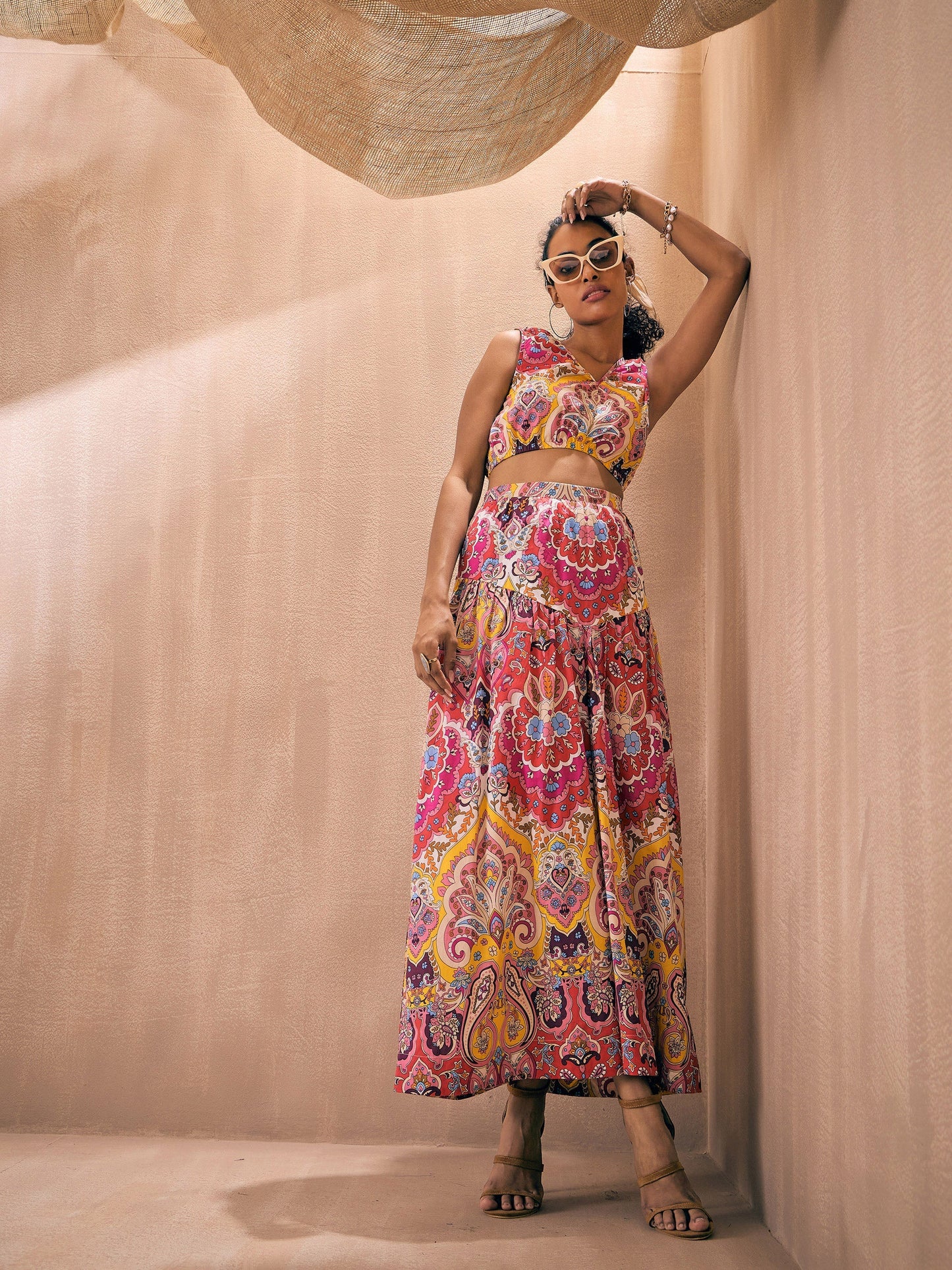 Pink Ethnic Motif Crop Top With Skirt