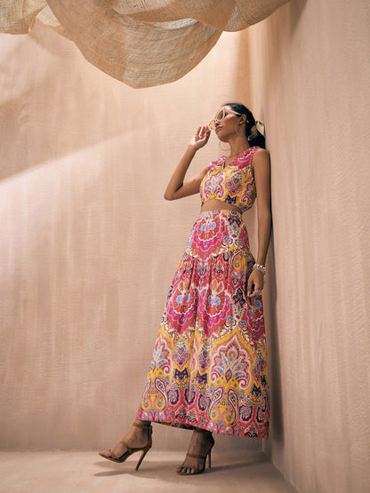 Pink Ethnic Motif Crop Top With Skirt