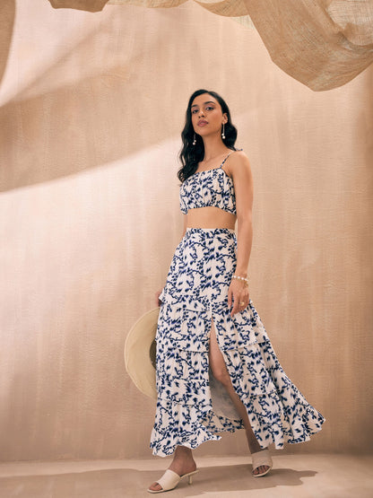 Navy Ikat Print Strappy Crop Top With Slit Skirt