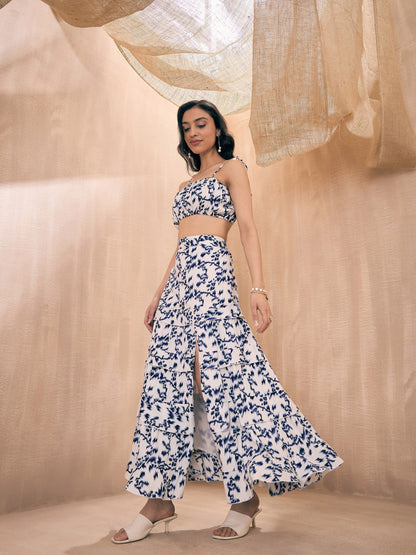 Navy Ikat Print Strappy Crop Top With Slit Skirt