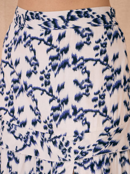 Navy Ikat Print Strappy Crop Top With Slit Skirt