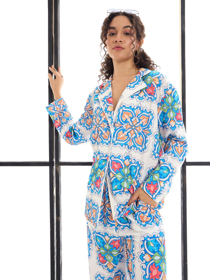 Blue & White Floral Lounge Shirt With Pants