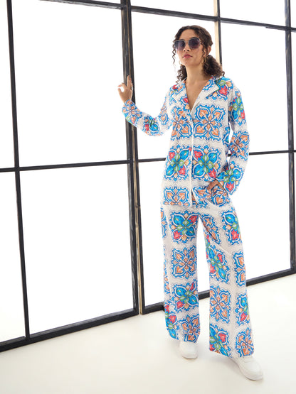 Blue & White Floral Lounge Shirt With Pants