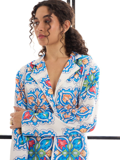 Blue & White Floral Lounge Shirt With Pants