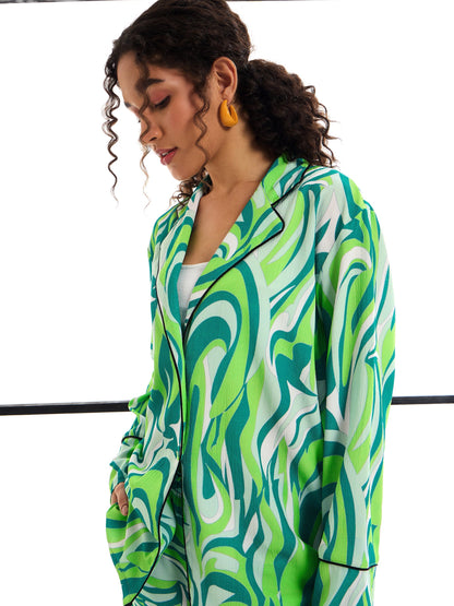 Green Abstract Print Lounge Shirt With Pants