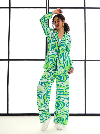 Green Abstract Print Lounge Shirt With Pants