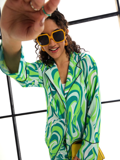 Green Abstract Print Lounge Shirt With Pants