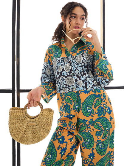 Mustard & Green Paisley Print Lounge Shirt With Pants