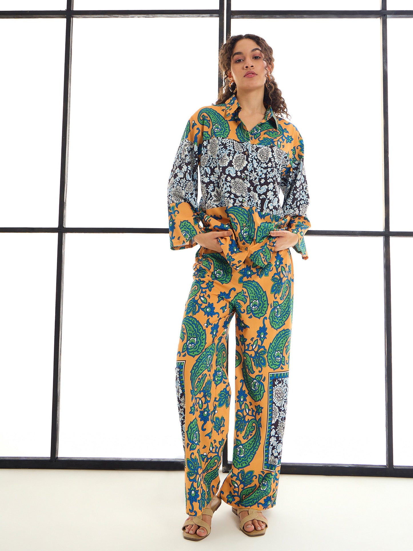 Mustard & Green Paisley Print Lounge Shirt With Pants