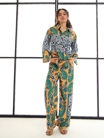 Mustard & Green Paisley Print Lounge Shirt With Pants