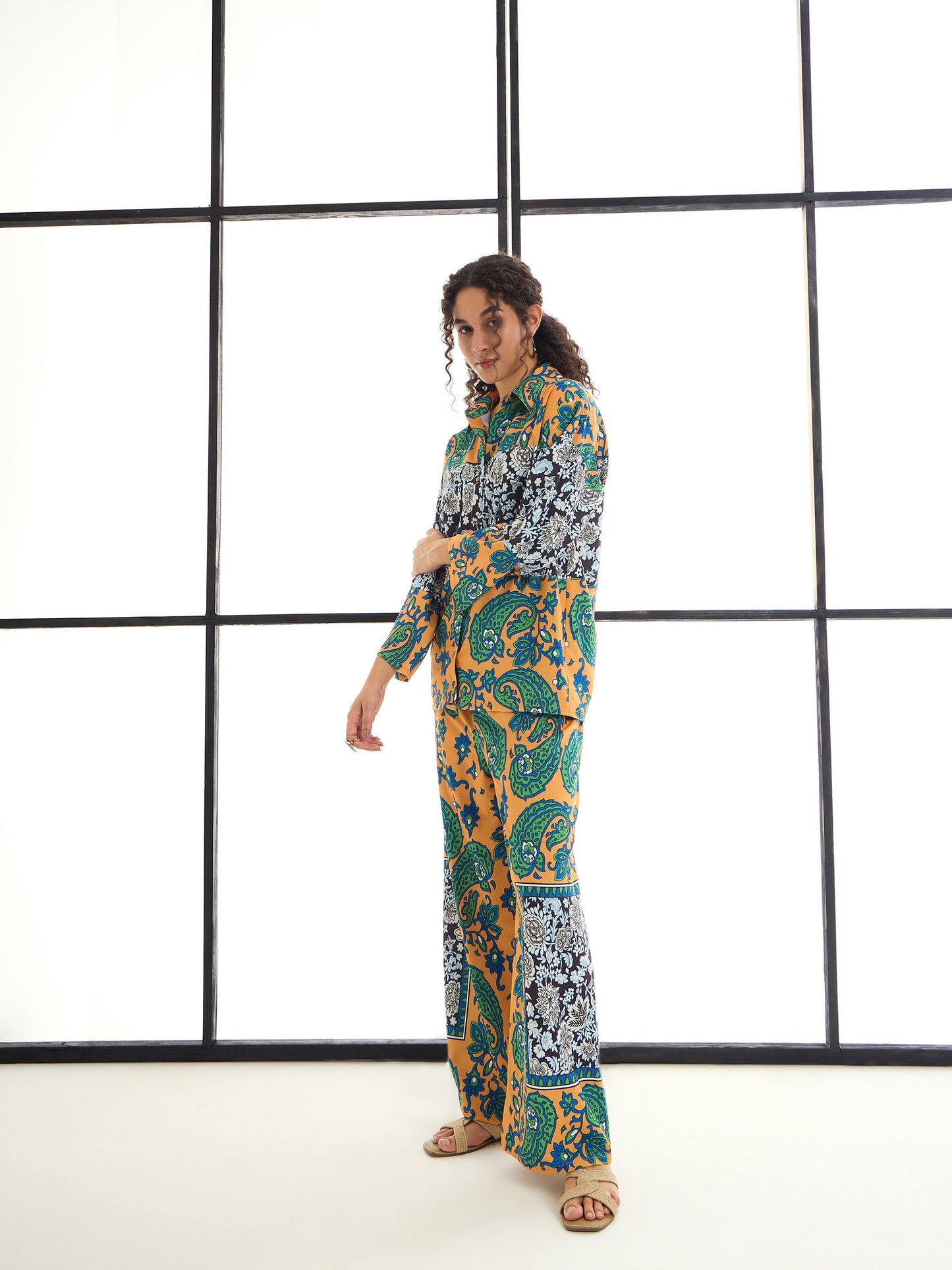 Mustard & Green Paisley Print Lounge Shirt With Pants
