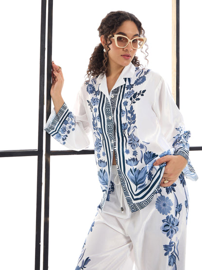 White & Blue Floral Lounge Shirt With Pants
