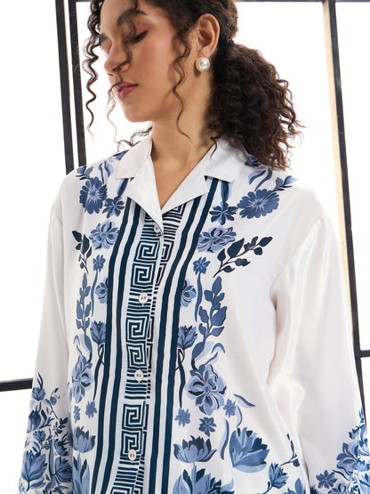 White & Blue Floral Lounge Shirt With Pants