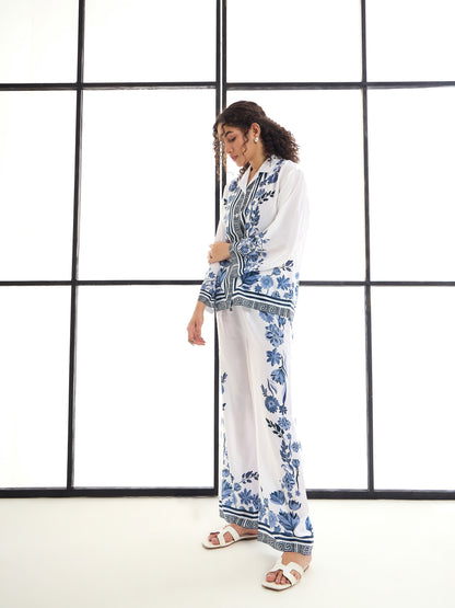 White & Blue Floral Lounge Shirt With Pants