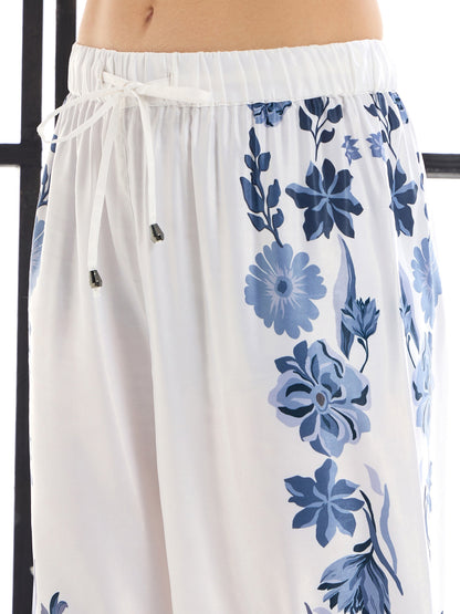 White & Blue Floral Lounge Shirt With Pants