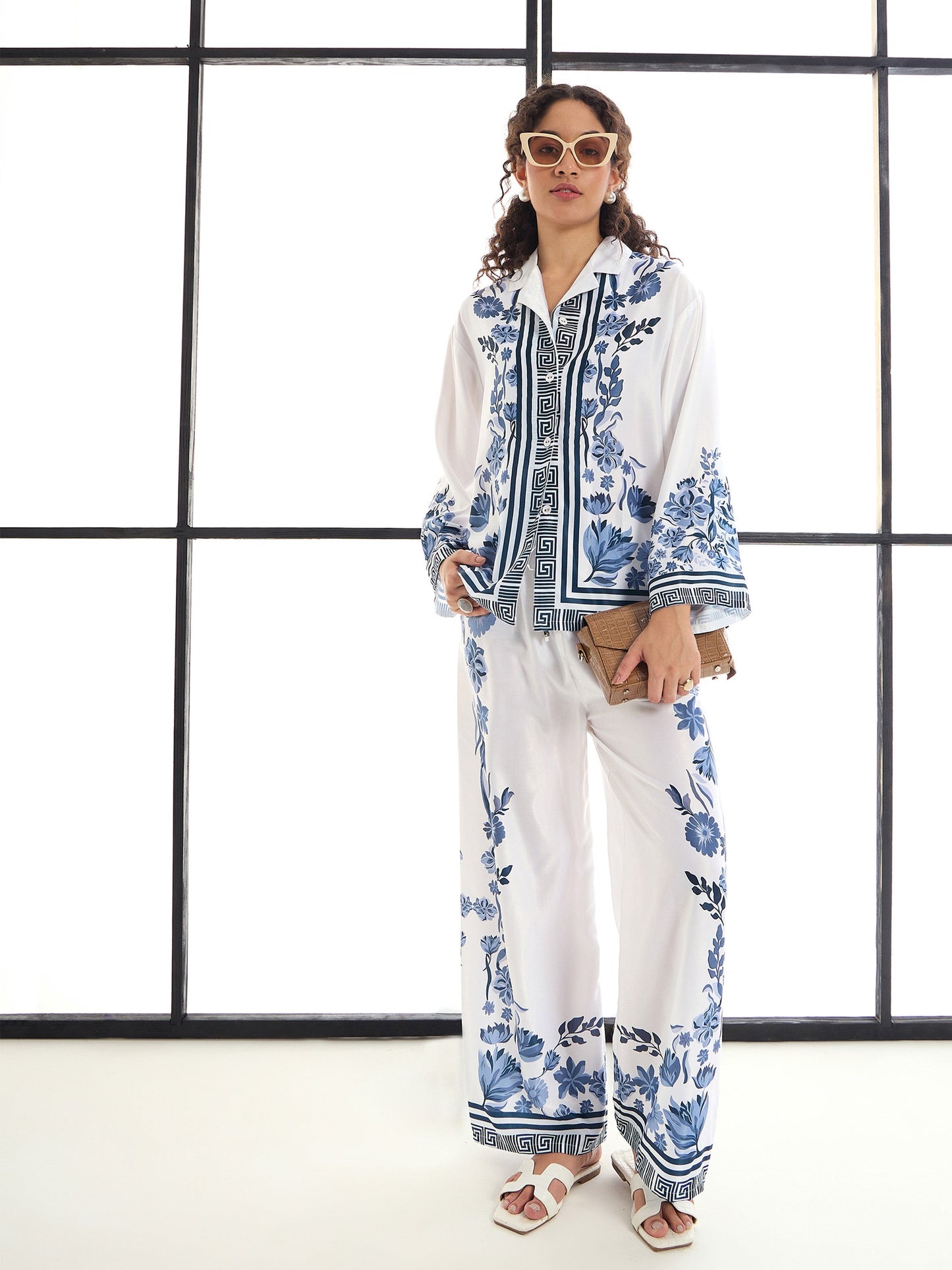 White & Blue Floral Lounge Shirt With Pants