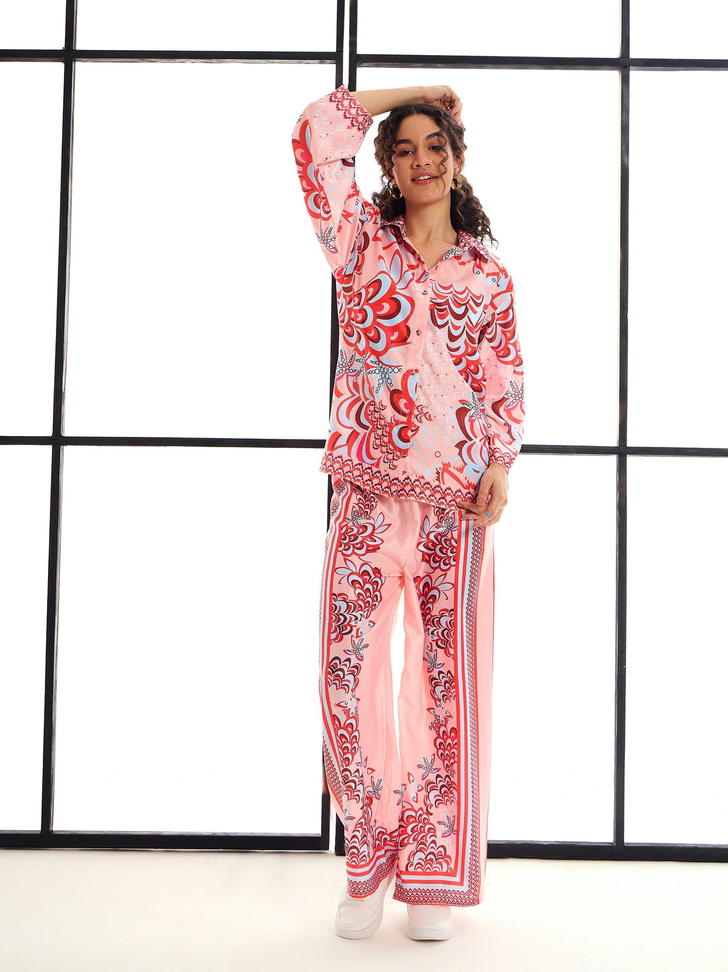 Pink & Red Floraled Lounge Shirt With Pants