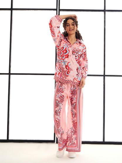 Pink & Red Floraled Lounge Shirt With Pants