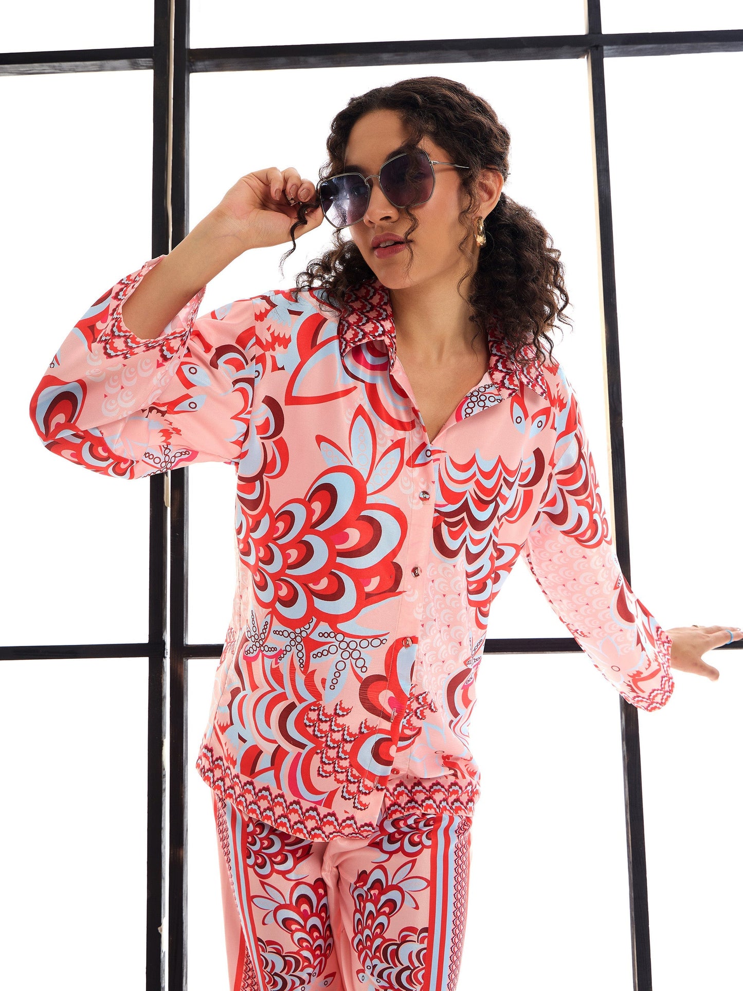 Pink & Red Floraled Lounge Shirt With Pants