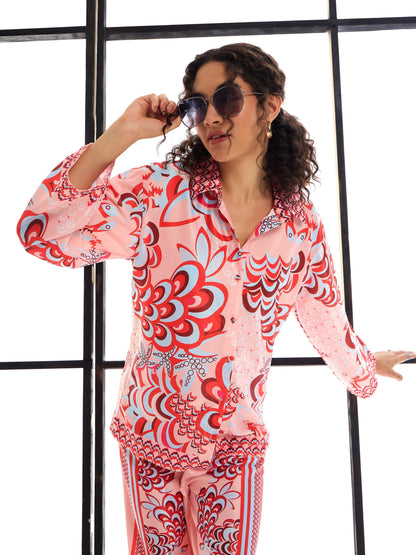 Pink & Red Floraled Lounge Shirt With Pants