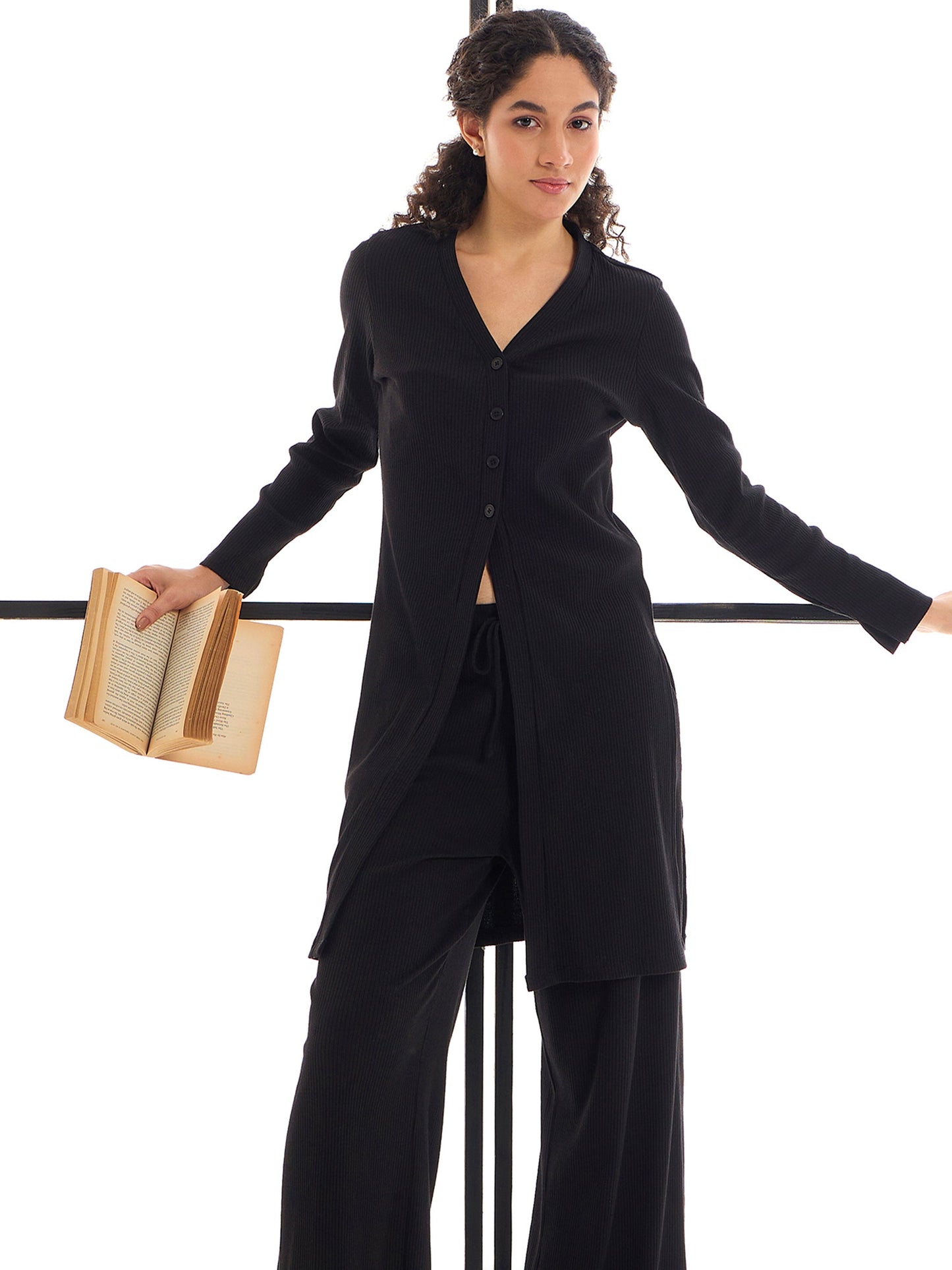 Black Rib Button Shrug With Lounge Pants