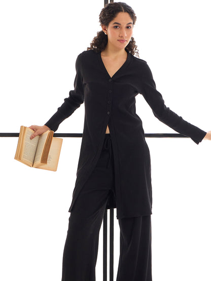 Black Rib Button Shrug With Lounge Pants