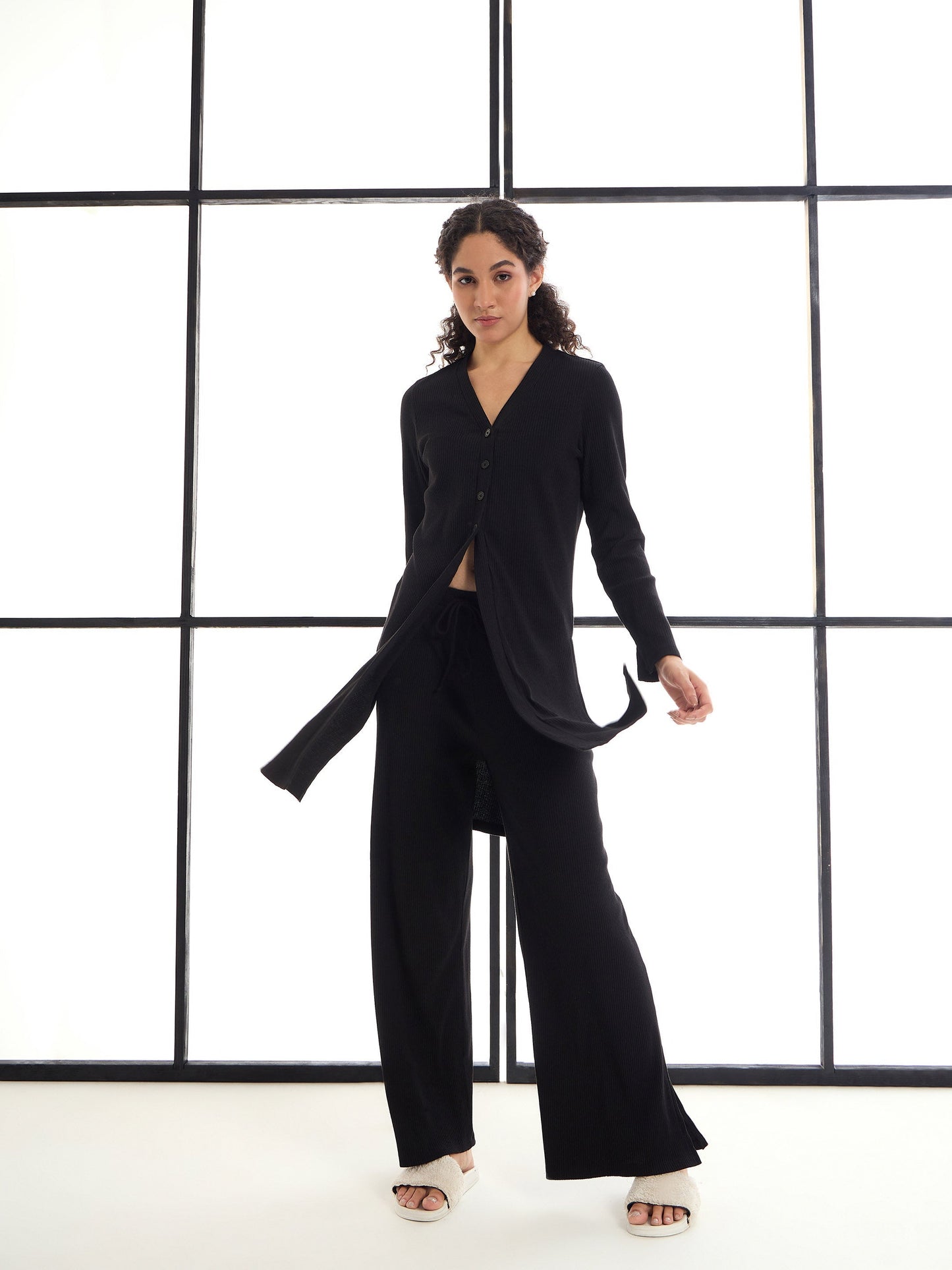Black Rib Button Shrug With Lounge Pants