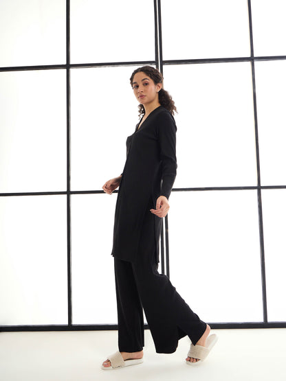 Black Rib Button Shrug With Lounge Pants