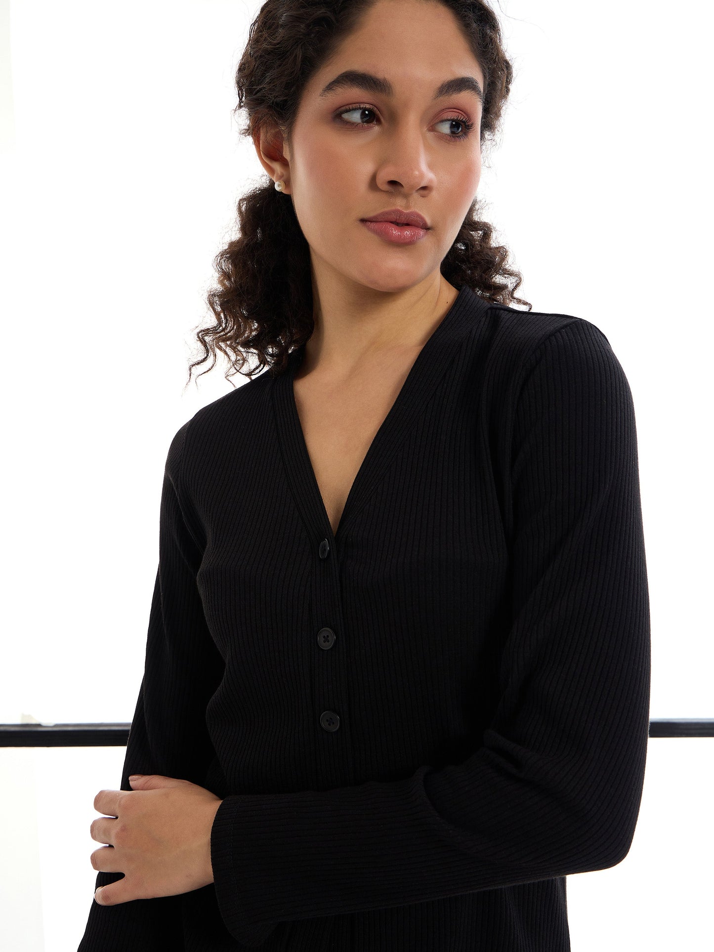 Black Rib Button Shrug With Lounge Pants