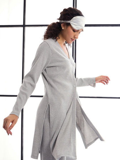 Grey Melange Button Shrug With Lounge Pants