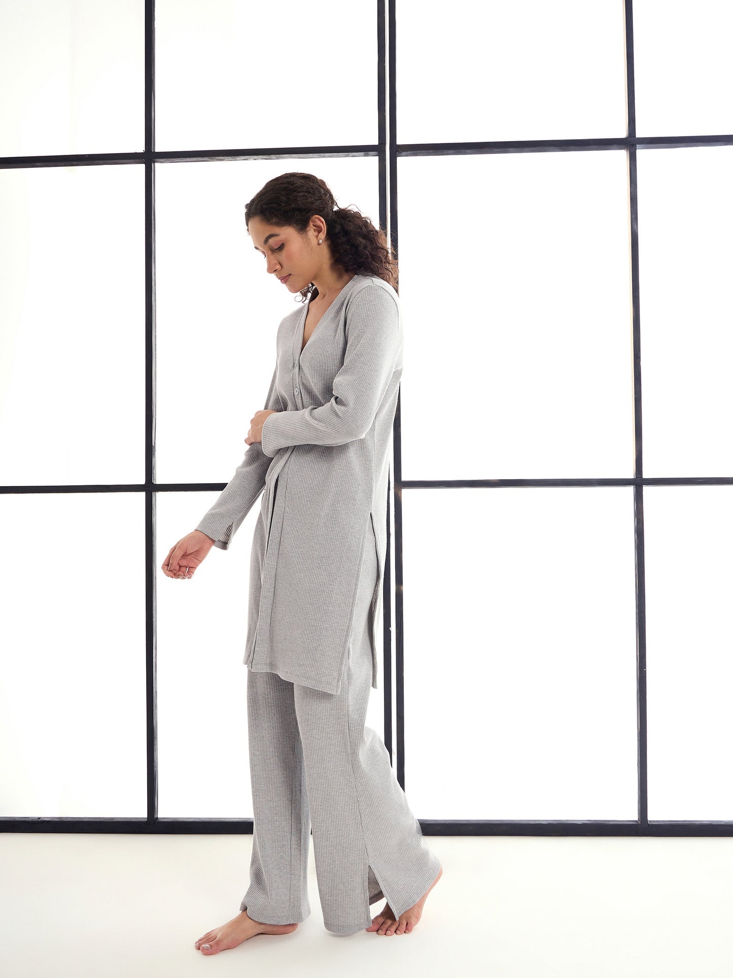 Grey Melange Button Shrug With Lounge Pants