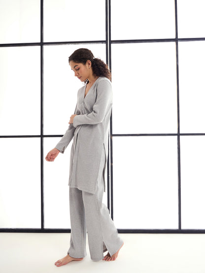 Grey Melange Button Shrug With Lounge Pants