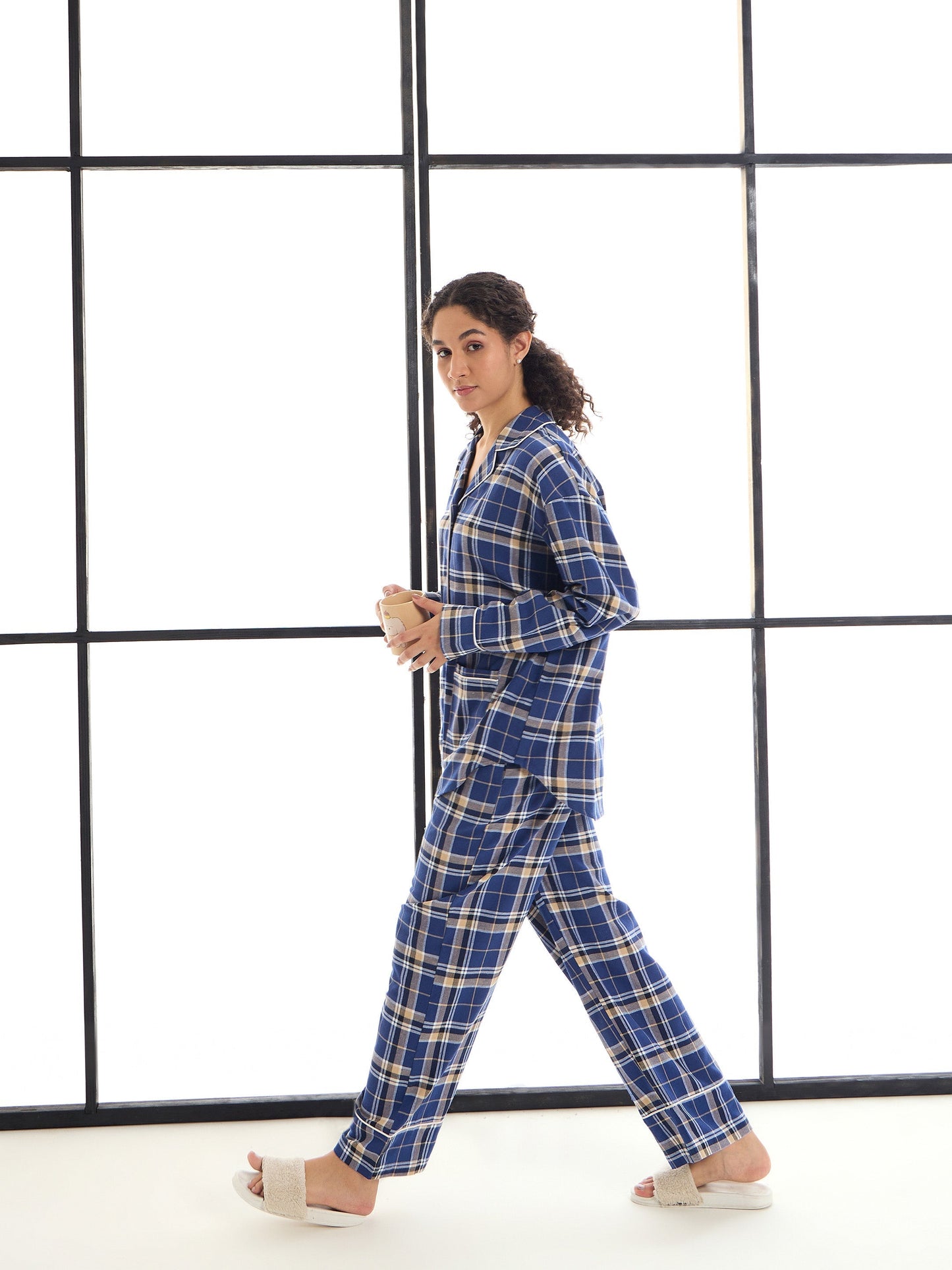 Blue & Beige Check Lounge Shirt With Pants