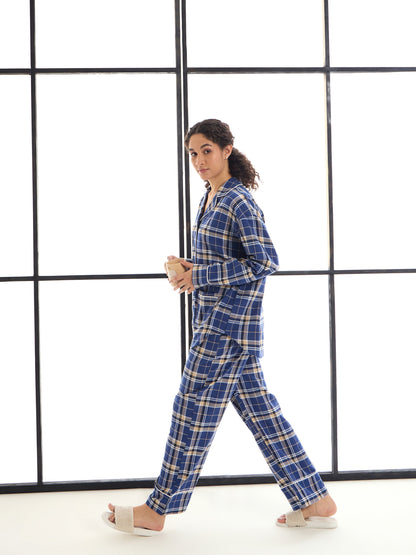 Blue & Beige Check Lounge Shirt With Pants