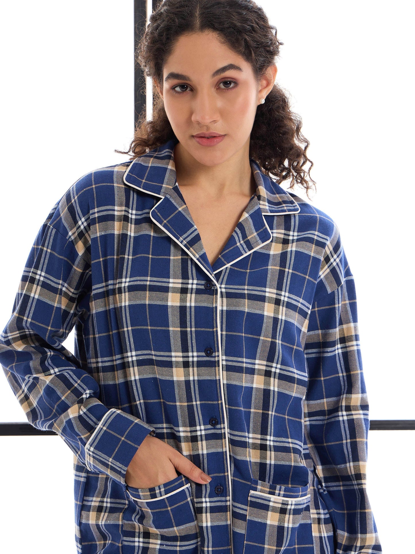 Blue & Beige Check Lounge Shirt With Pants