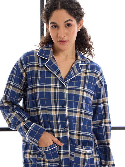 Blue & Beige Check Lounge Shirt With Pants