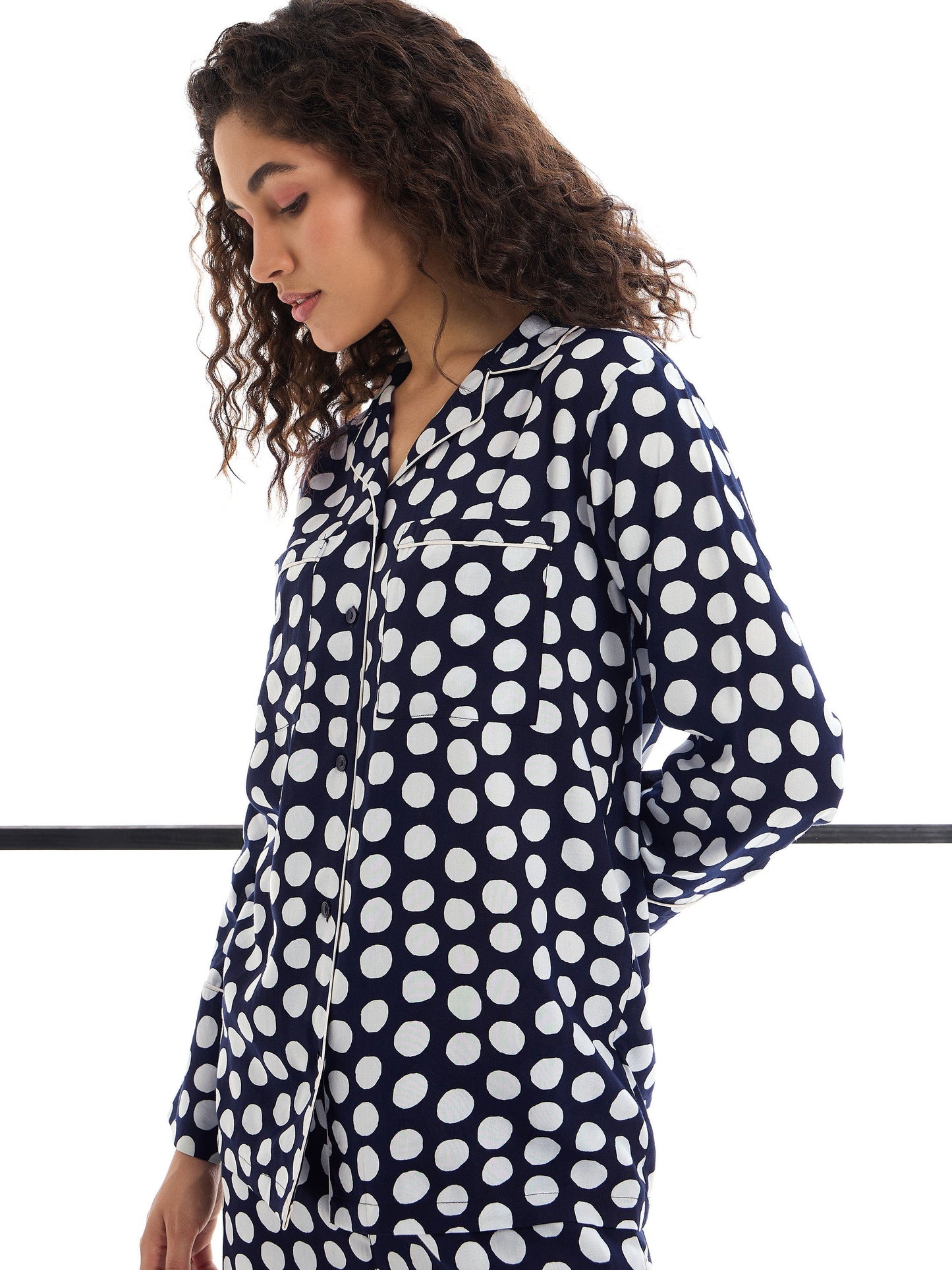Blue & White Polka Dot Lounge Shirt With Pants