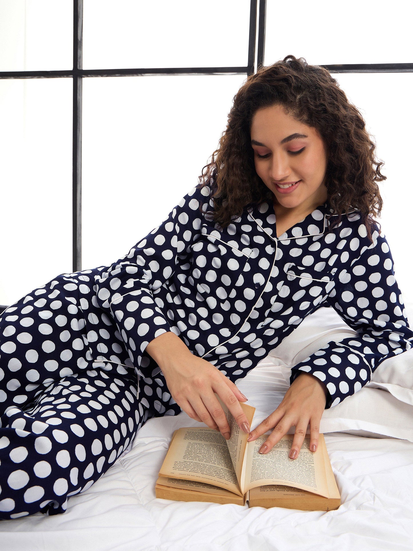 Blue & White Polka Dot Lounge Shirt With Pants