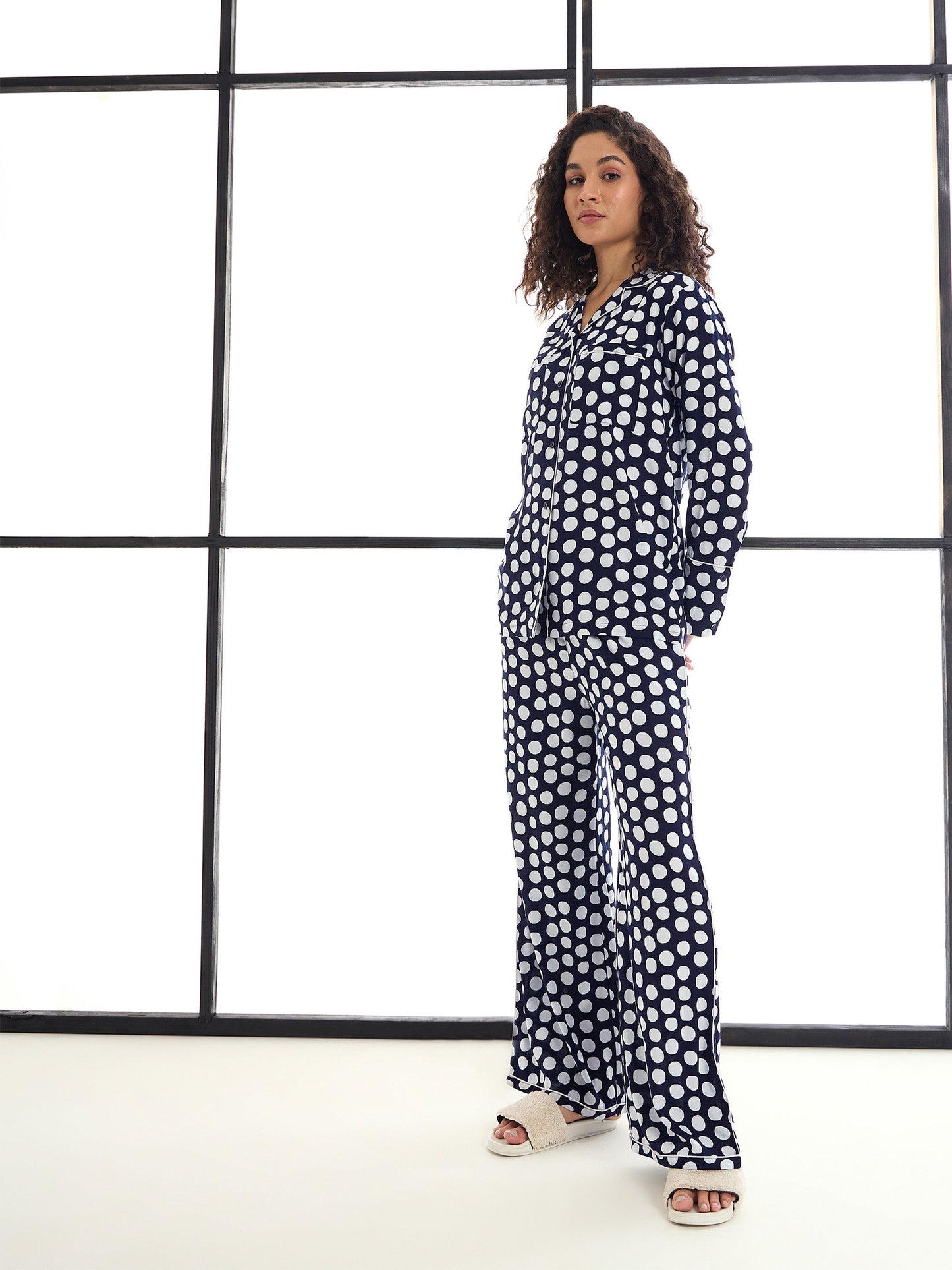 Blue & White Polka Dot Lounge Shirt With Pants