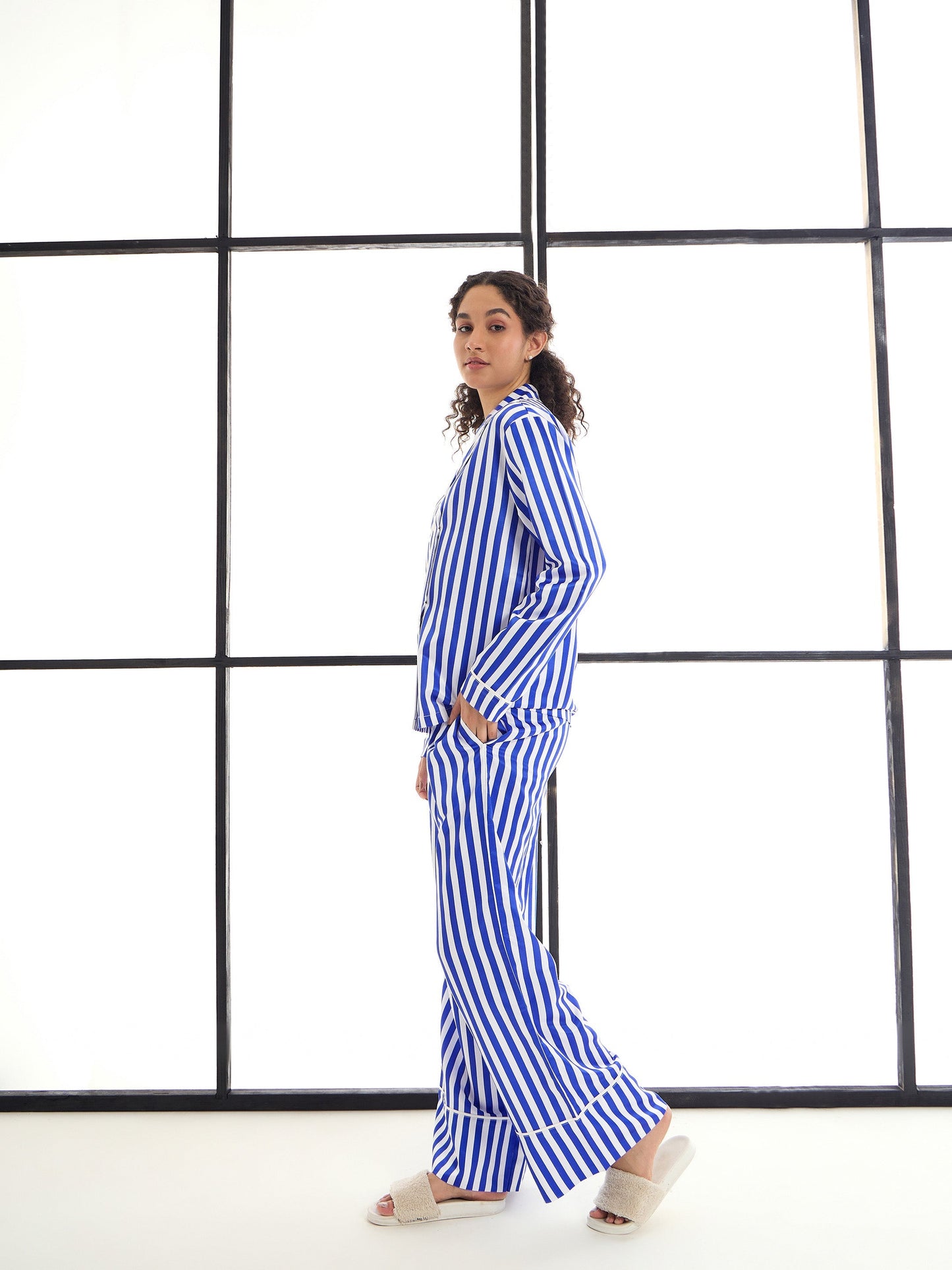 Blue & White Satin Lounge Shirt With Pants