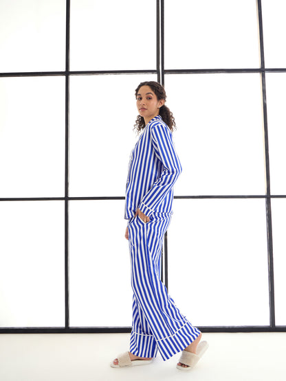 Blue & White Satin Lounge Shirt With Pants