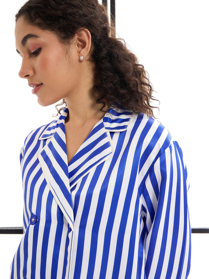 Blue & White Satin Lounge Shirt With Pants