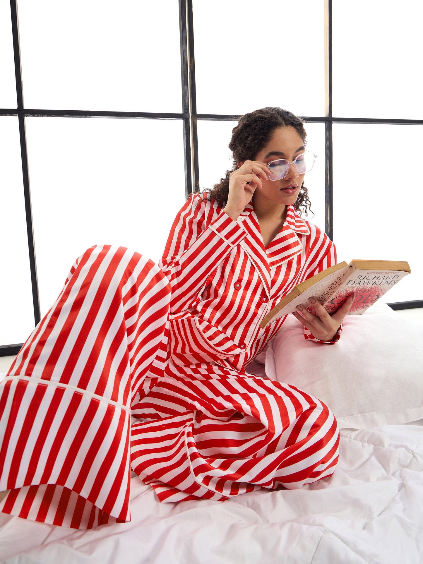 Red & White Satin Lounge Shirt With Pants