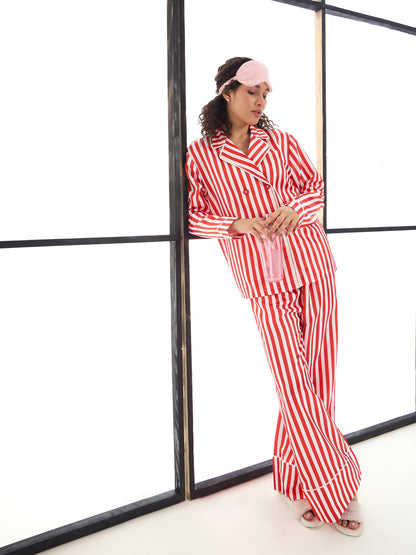 Red & White Satin Lounge Shirt With Pants