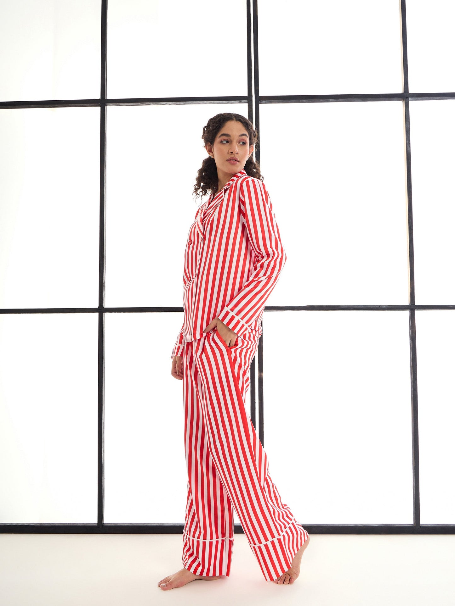 Red & White Satin Lounge Shirt With Pants