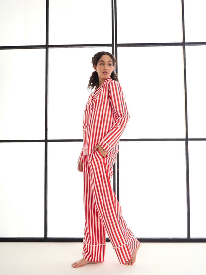 Red & White Satin Lounge Shirt With Pants