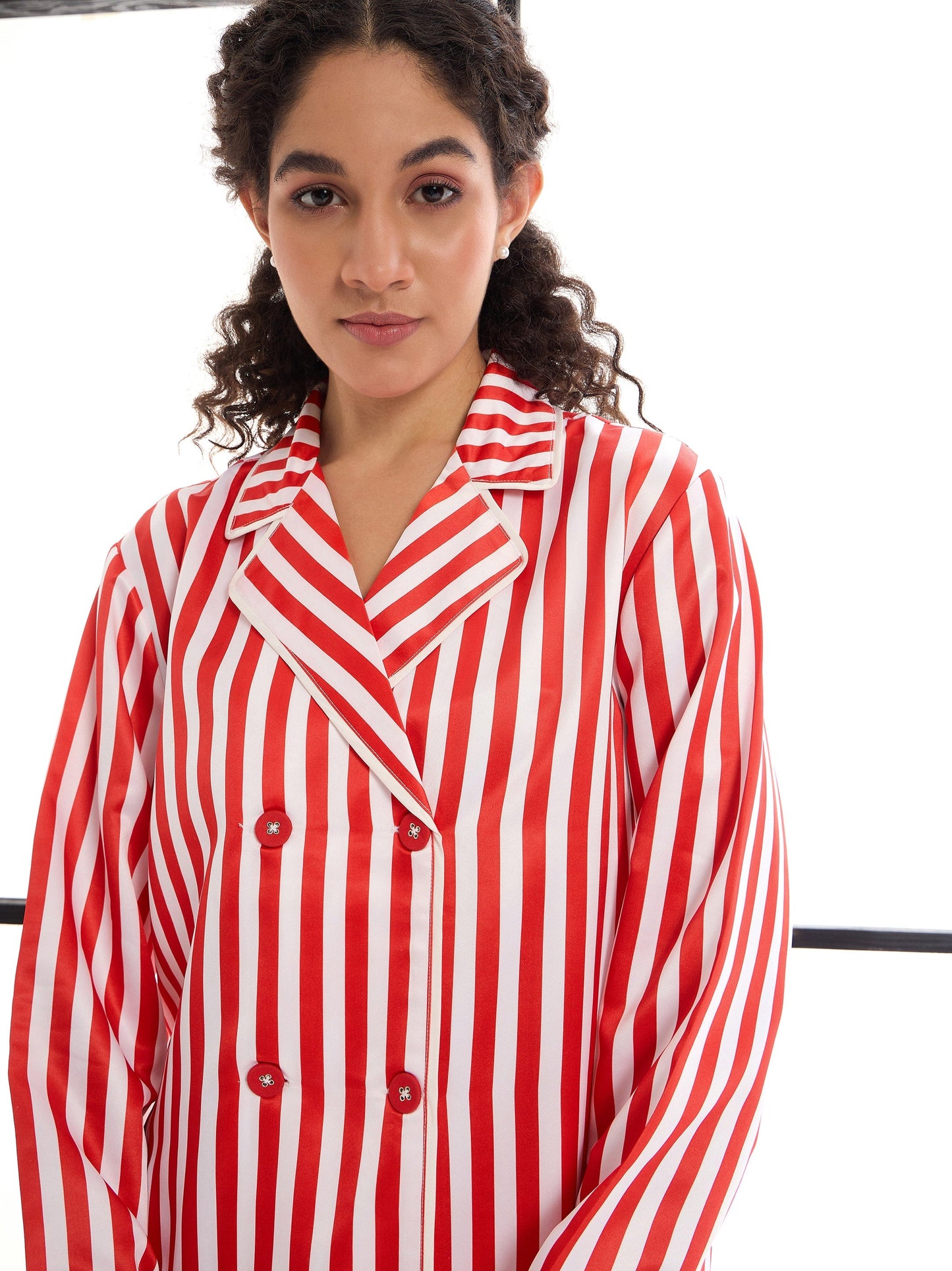 Red & White Satin Lounge Shirt With Pants