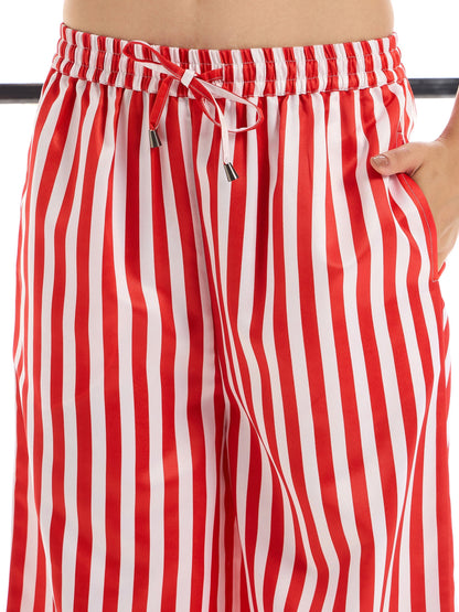 Red & White Satin Lounge Shirt With Pants