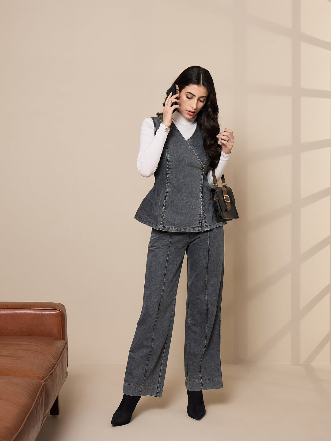 Women Black Washed Tencel Vest Top With Pants